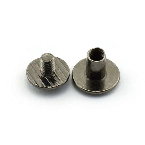 15 Sets Chicago Screws For Book Binding And Leather Craft Round Slotted Head Binding Bolts Dope Quality Carbon Steel Nickel Plated Black Finish 4 By 6mm One Quarter Inch Length DIY Rivet Style Fasteners For Projects close-up