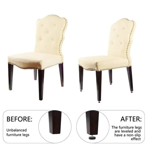 Before and after using 28 Pack M6 Thread Adjustable Furniture Levelers in Galvanized Steel for leveling chair legs.