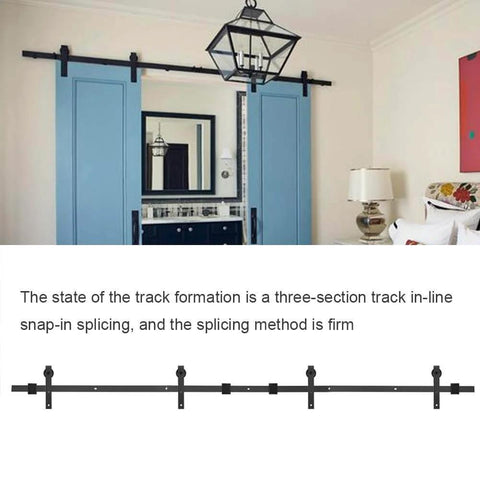 Durable Carbon Steel Double Barn Door Rail And Sliding Track System For Easy No Play Install On Closet And Cabinet Fronts Inside Or Outside With Inline Three Section Splicing For Rock Solid Alignment 12 Foot Length displayed in a bedroom setting.