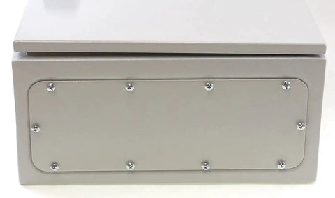 Heavy Duty 16 Gauge Steel Wall Mount Enclosure IP66 Weatherproof front view showing screws and seal in gray