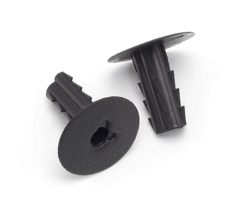 Set of two black plastic RG6 coax feed-through bushings with circular discs and ribbed sleeves.
