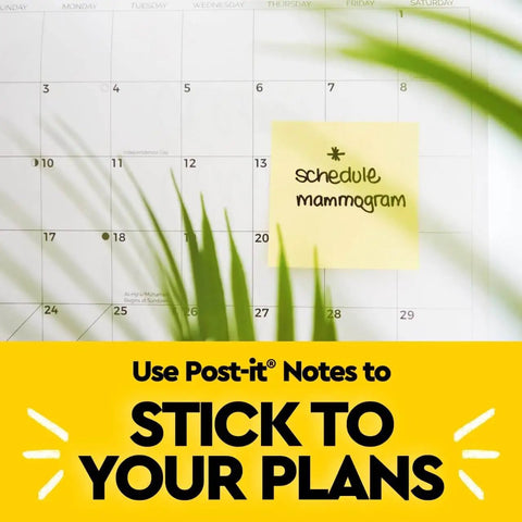 Calendar with a yellow sticky note reminding to schedule mammogram, text below encourages using sticky notes to plan.