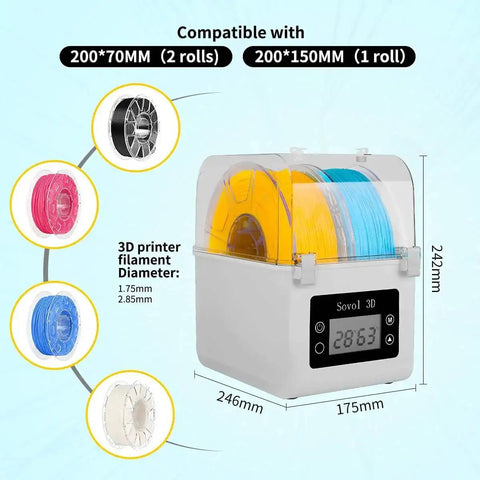 Moisture Busting Filament Dehydrator Dry Box with Upgraded Fan for 3D Printing, showing dimensions and 3D filament compatibility