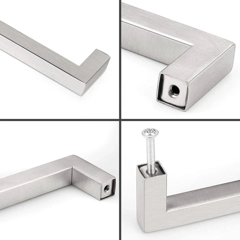 Square Kitchen Cabinet Handles Brushed Nickel Stainless Steel Euro Bar Pulls With Five And One Half Inch Total Length And 128 Millimeter Hole Centers