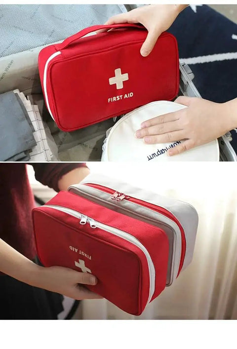 Person holding Go-To First Aid Bag For Home And Outdoor Adventures, Lightweight Red Medical Kit Organizer with full zip compartments