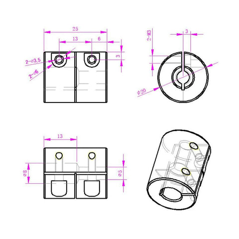 Befenybay shaft coupler, aluminum alloy, 25mm length, 20mm diameter, for 5–8mm shafts, pack of 2