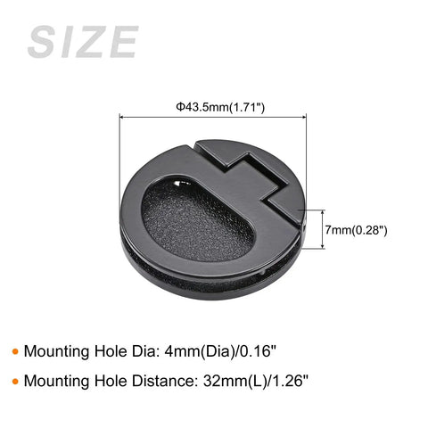 2 Pack Zinc Alloy Flush Ring Pull Handles 43.5mm OD x 7mm Deep with Screws Black Slam Latch size diagram