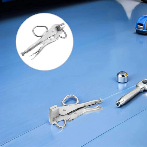 Adjustable Pro Grade Pulling Plier Clamp For Auto Body Repair with wide duckbill jaws on blue surface.