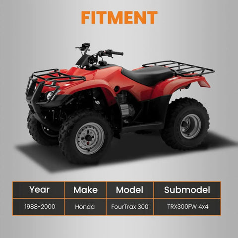 Honda FourTrax 300 TRX300FW 4x4 ATV 1988-2000 fitment image, red body with black trim and racks, shown against fitment info table.