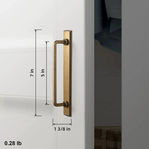 Side view of Two Pack 5 Inch Center To Center Antique Brass Cabinet Bar Pulls With Backplates on white cabinet door
