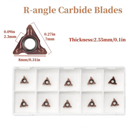 Carbide Turning Indexable Inserts For Chamfer Tools And Pneumatic Chamfering Machines shown with R-angle blades in a storage case.