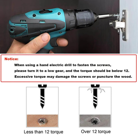 Power drill fastening a screw into a cabinet with a warning about torque limits for using 600 Piece Wood Screws Set In Four Sizes.