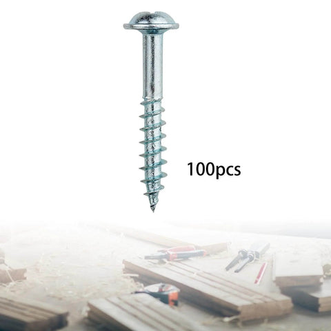 100 Pack Self Tapping Wood Screws 28mm By 4mm Galvanized Iron For DIY Furniture Assembly Self Drilling Screws above wooden planks and tools