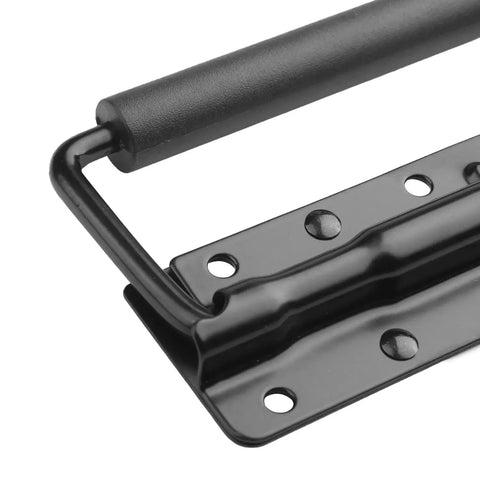 Close-up of black stainless steel chest handle spring-loaded, part of set of 12 for cabinets and music equipment enclosures, durable finish.