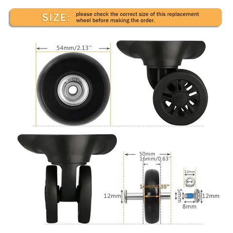 8 Piece Luggage Replacement Wheel Set With Rubber Swivel Casters And Ball Bearings, 2.13 by 0.55 Inch 54x14mm Wheels