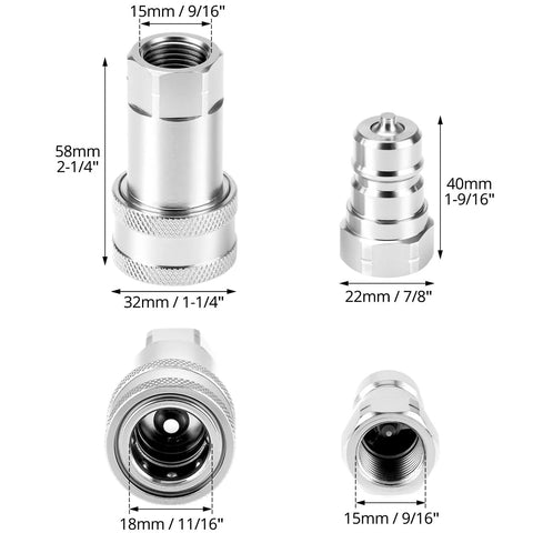 QWORK hydraulic quick-connect couplers set of 2, hardened steel with dust caps, 3/8 NPT and 3/8 ISO body
