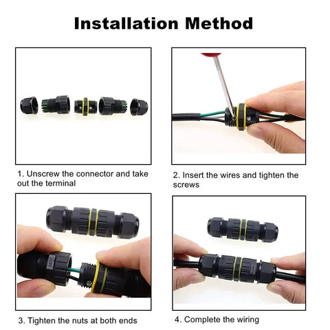 Installation guide for Underground IP68 Waterproof M20 Outdoor Electrical Junction Box showing step-by-step wiring instructions.