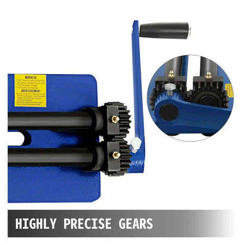 Close-up of gear mechanism on heavy duty 18 inch sheet metal bead roller with six die sets for producing strengthening ribs, blue color.