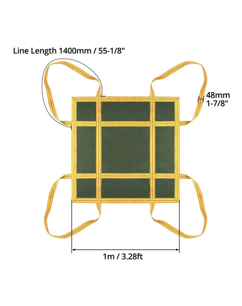 Top view of Heavy Duty Canvas Cargo Lifting Pad Net 3.28 Ft Square with Reinforced Handle showing dimensions and durability features