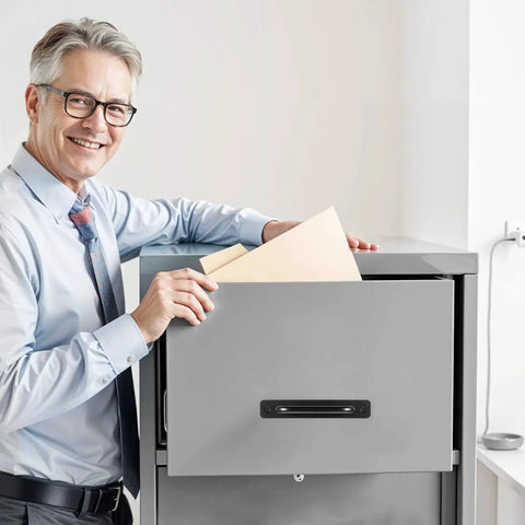 Man using 12 Pack 5.8 Inch Aluminum Alloy Black Cabinet Pull on a grey filing cabinet drawer in office setting.