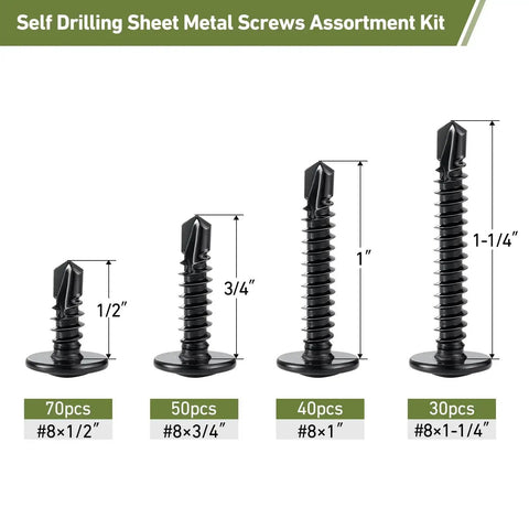 Black Self Tapping Screws Assortment Kit 190 Pieces Stainless Steel 410 Self Drilling Screws for Metal Wood Plastic with Truss Head Eight by One Half Inch Eight by Three Quarters Inch Eight by One Inch displayed with quantity and size dimensions