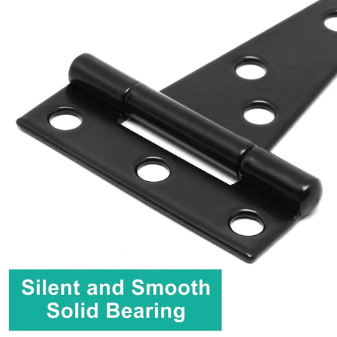 Close-up of Six Pack 2 Inch T Hinges For Doors And Gates In Outdoor Black Finish Heavy Duty Carbon Steel Construction
