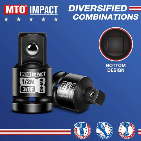 Four Piece Impact Socket Adapter And Reducer Set For One Quarter, Three Eighths, And One Half Inch Drives on display.
