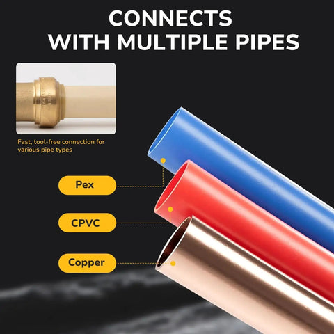 Image showing connection example of 3/4 Inch Brass Push To Connect Check Valve For Copper CPVC And PEX Pipes With Upgraded Stiffener And Disconnect Clip.