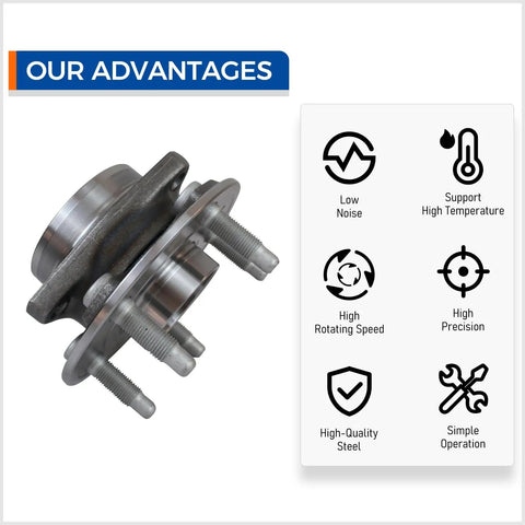 Set Of 2 Front And Rear Wheel Bearing Hub Assemblies With Encoder And ABS For 2008-2019 Cadillac CTS, 2010-2015 Chevy Camaro, And 2018-2019 Chevy Impala Five-Lug Vehicles featuring steel construction and ABS encoder.