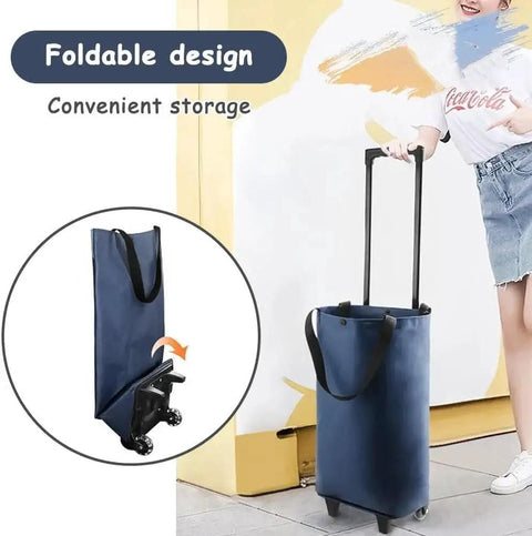 Woman using Foldable Shopping Trolley With Wheels 2 In 1 Reusable Grocery Tote Bag Dark Blue for easy transition from bag to cart.