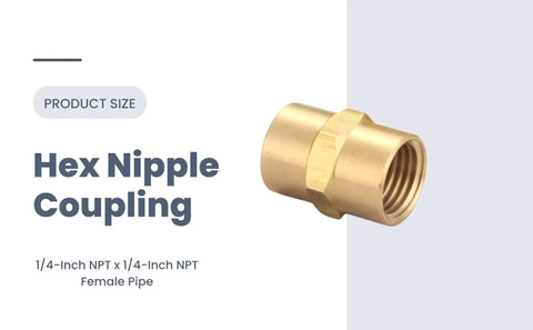 Brass hex nipple coupling, 1/4-inch NPT female to 1/4-inch NPT female, air hose compressor fitting