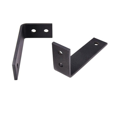 Close-up of black metal brackets for Double Sliding Lite Panel Barn Bypass Doors 64 By 84 Inch with hardware holes