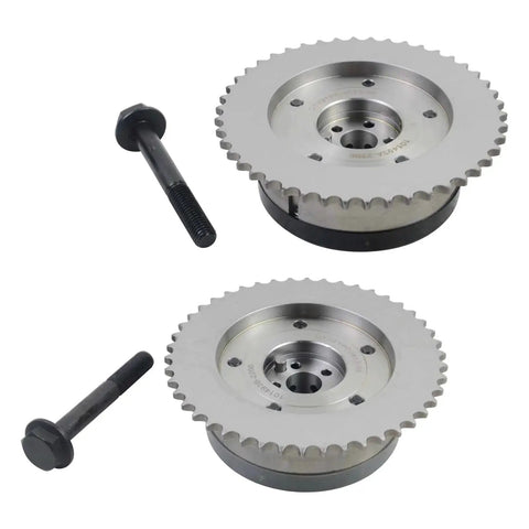 Front view of a pair metal timing sprockets with bolts for camshaft timing gear replacement