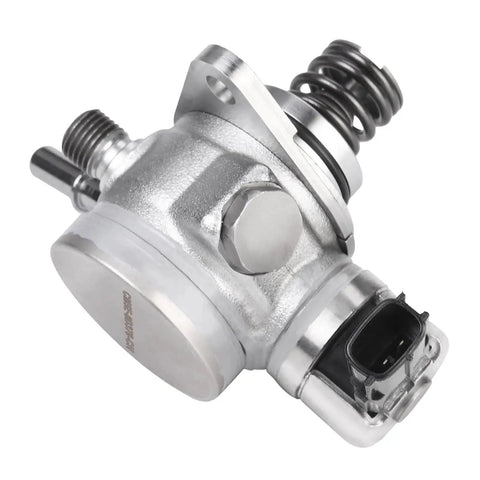 Ford Focus 2012 Through 2018 2.0L L4 Direct Injection High Pressure Fuel Pump Replacement Upgrade For Smooth Idle Quick Throttle Response No Fuss Install Reliable And Budget Friendly Performance, showing polished metal fuel pump with connector and spring mechanism, side view.