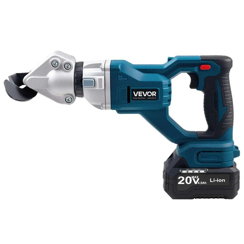 Workhorse Cordless Sheet Metal Cutter with 360 Degree Pivoting Head and Double Blades, shown with a 20V Li-ion battery