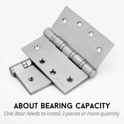 Goldenwarm Satin Nickel 4 Inch Ball Bearing Door Hinges 3 Pack displaying hinge details and bearing capacity instructions