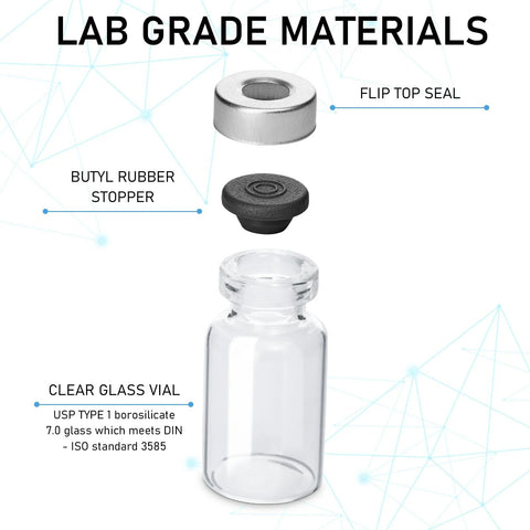 Ten 2 ml clear glass sample vials with flip-top seals and butyl rubber stoppers.