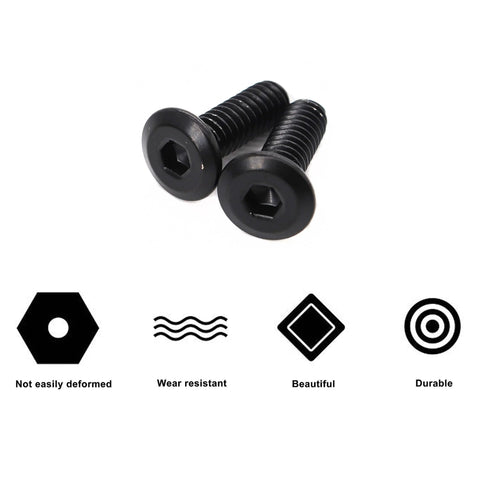 Two black flat head bolts with hexagon socket, part of 12 Pack M6 22mm Black Flat Head Allen Bolts For Furniture And Home Office Tables Desks Cabinets Wardrobes Made From 304 Stainless Steel Rust Resistant Heavy Duty Socket Cap Screws Built Tough.