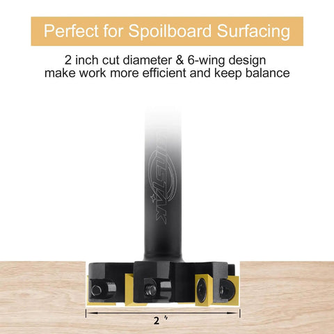 Beast 2 Inch Cutting Diameter Spoilboard Surfacing Router Bit with 1/2 Inch Shank and Six Wing TiN Coated Carbide Inserts
