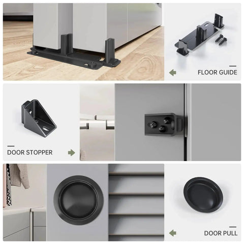 Components of 8 Ft Bypass Double Sliding Pocket Door Hardware Kit In Aluminum And Black Modern Style With Concealed Track