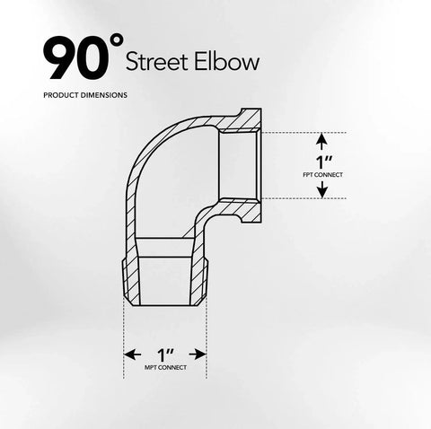 Diagram of 1 Inch Brass Street Elbow 90 Degree with Male and Female NPT Threaded Fittings, dimensions labeled.