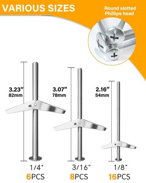 Heavy Duty Toggle Bolts For Drywall Hollow Wall Anchors Kit 30Pcs Set In One Eighth Inch Three Sixteenth Inch And One Quarter Inch Sizes With Screws For Ceiling And Wall Mounts Premium Metal Drywall Anchors And Butterfly Anchors Kit diagram showing various sizes.