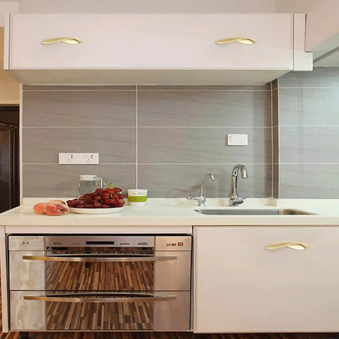Installed Pearl Gold Arcuate Cabinet Pulls 5 Inch Curved Handles For Drawers And Cabinets, Solid Zinc Alloy, 4 Pack With 3 Screw Lengths