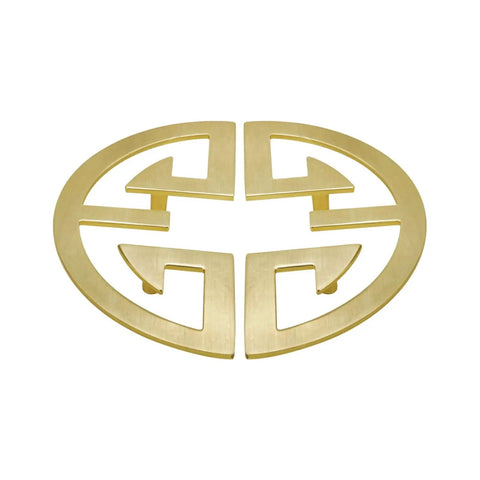Antique Semi Circular Cabinet Pulls 2 Pack Gold Tone Large Knobs With Traditional Auspicious Pattern on white background