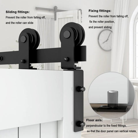 Close-up of sliding hanger in 7 Foot Bi Fold Barn Door Hardware Kit For Four Doors Track System Fits Door Openings Up To Eighty Inches