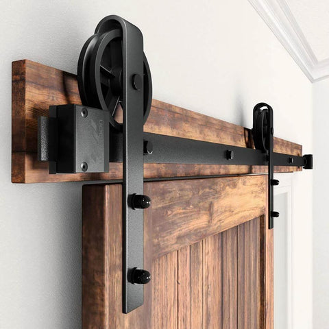 Heavy Duty Boss Grade Black Barn Door Hardware Kit For Wood Sliding Doors Five To Sixteen Feet Flat Track System installed