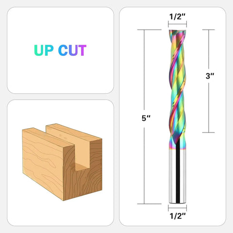 Extra Long Upcut Spiral Router Bit 5 Inch With 1/2 Inch Shank For CNC And Handheld Routers Solid Carbide 3 Inch Cutting Length TAC Coating Delivers Longer Life For DIY Woodworking Mortises And Slot Cuts showing dimensions and cut slot illustration.