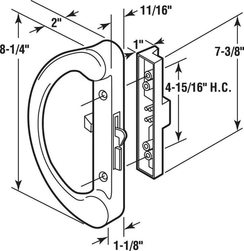 Technical diagram of Diecast Hook Latch Sliding Door Handle White NonKeyed Patio Door Replacement Reversible For Left Or Right Sliding Doors