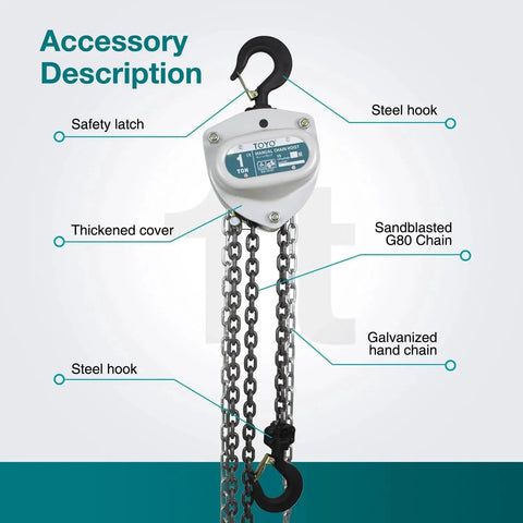 1 Ton Manual Chain Hoist 10 Ft Lift Come Along With Industrial Grade Hooks showing components and labels