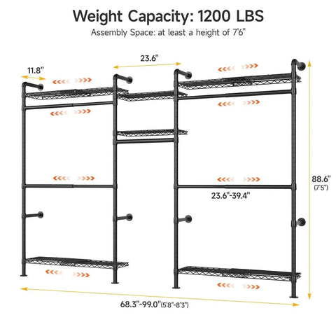 Space Saving Expandable Wall Mounted Closet System With Telescoping Shelves And Adjustable Rods, Industrial Pipe Wardrobe Rack For Walk-In And Reach-In Closets, 5.7 To 8.2 Ft, Black Finish shown with dimensions.